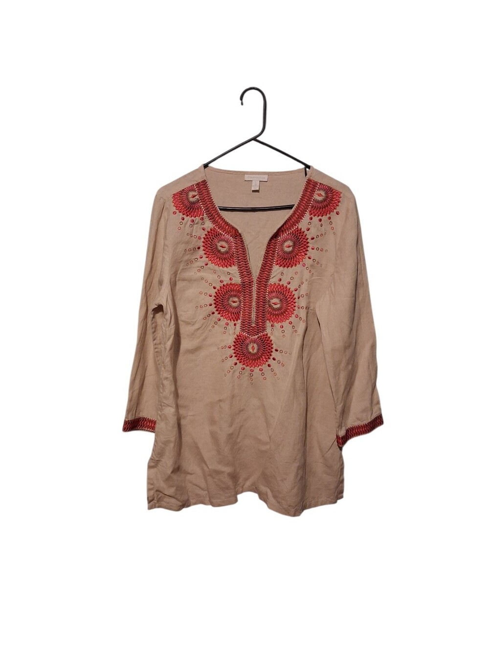 Charter Club Tunic Linen Top Womens L Tan 3/4 Sleeve Embroidered Boho Festival
